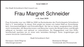 Traueranzeige von Margret Schneider von Haller Tagblatt