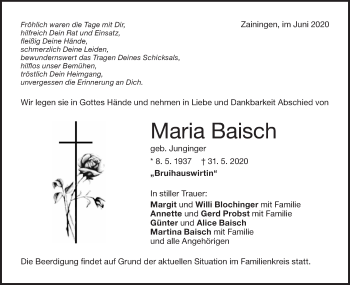 Traueranzeige von Maria Baisch von Metzinger-Uracher Volksblatt