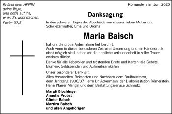 Traueranzeige von Maria Baisch von Alb-Bote/Metzinger-Uracher Volksblatt