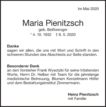 Traueranzeige von Maria Pienitzsch von NWZ Neue Württembergische Zeitung