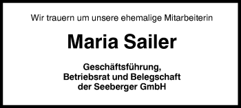 Traueranzeige von Maria Sailer von SÜDWEST PRESSE Ausgabe Ulm/Neu-Ulm