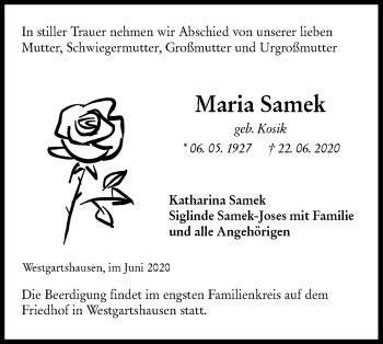 Traueranzeige von Maria Samek von Hohenloher Tagblatt