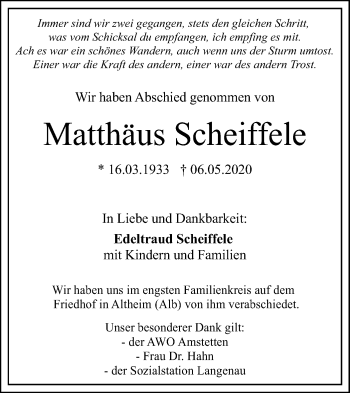 Traueranzeige von Matthäus Scheiffele von SÜDWEST PRESSE Ausgabe Ulm/Neu-Ulm