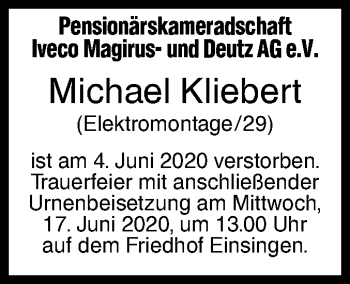 Traueranzeige von Michael Kliebert von SÜDWEST PRESSE Ausgabe Ulm/Neu-Ulm