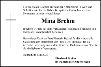 Traueranzeige von Mina Brehm von Hohenloher Tagblatt