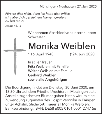 Traueranzeige von Monika Weiblen von Metzinger-Uracher Volksblatt