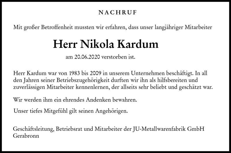  Traueranzeige für Nikola Kardum vom 24.06.2020 aus Hohenloher Tagblatt