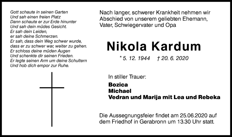  Traueranzeige für Nikola Kardum vom 22.06.2020 aus Hohenloher Tagblatt