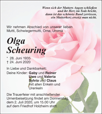 Traueranzeige von Olga Scheuring von NWZ Neue Württembergische Zeitung