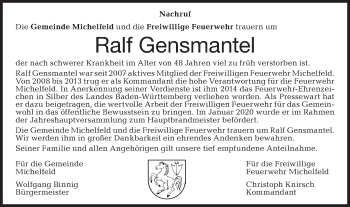 Traueranzeige von Ralf Gensmantel von Haller Tagblatt