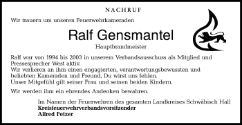 Traueranzeige von Ralf Gensmantel von Haller Tagblatt