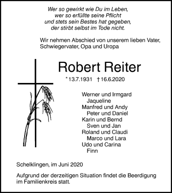 Traueranzeige von Robert Reiter von Ehinger Tagblatt