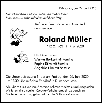 Traueranzeige von Roland Müller von Hohenloher Tagblatt