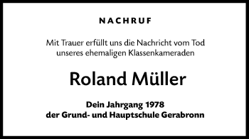 Traueranzeige von Roland Müller von Hohenloher Tagblatt