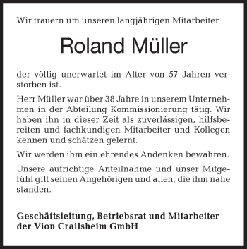 Traueranzeige von Roland  Müller von Hohenloher Tagblatt