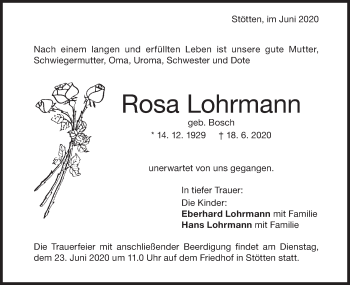 Traueranzeige von Rosa Lohrmann von Geislinger Zeitung