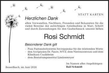 Traueranzeige von Rosi Schmidt von Hohenloher Tagblatt