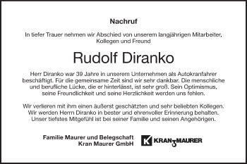 Traueranzeige von Rudolf Diranko von NWZ Neue Württembergische Zeitung