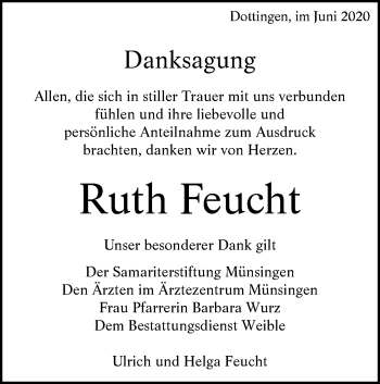 Traueranzeige von Ruth Feucht von Alb-Bote/Metzinger-Uracher Volksblatt