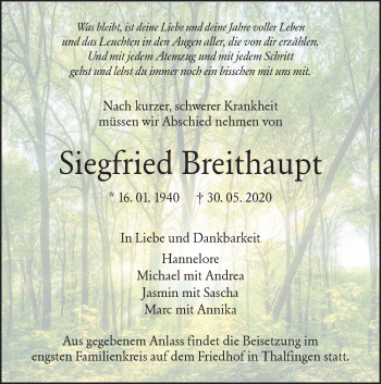 Traueranzeige von Siegfried Breithaupt von SÜDWEST PRESSE Ausgabe Ulm/Neu-Ulm