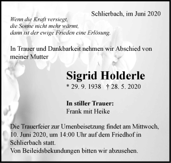 Traueranzeige von Sigrid Holderle von NWZ Neue Württembergische Zeitung