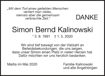 Traueranzeige von Simon Bernd Kalinowski von NWZ Neue Württembergische Zeitung