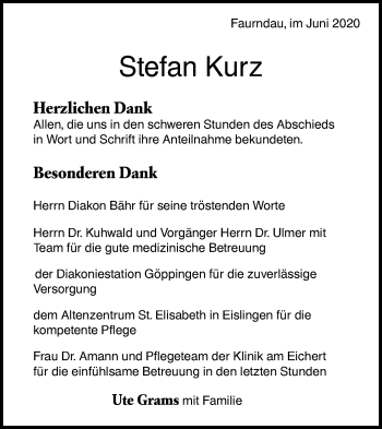 Traueranzeige von Stefan Kurz von NWZ Neue Württembergische Zeitung