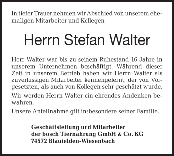 Traueranzeige von Stefan Walter von Hohenloher Tagblatt