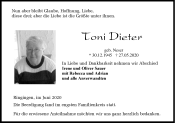 Traueranzeige von Toni Dieter von Hohenzollerische Zeitung