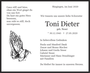 Traueranzeige von Toni Dieter von Hohenzollerische Zeitung