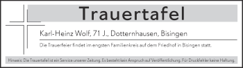 Traueranzeige von Totentafel vom 06.06.2020 von Hohenzollerische Zeitung