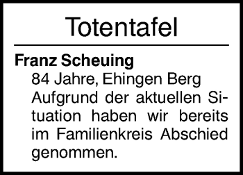 Traueranzeige von Totentafel vom 10.06.2020 von Ehinger Tagblatt