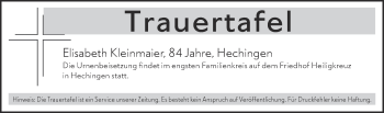 Traueranzeige von Totentafel vom 22.06.2020 von Hohenzollerische Zeitung