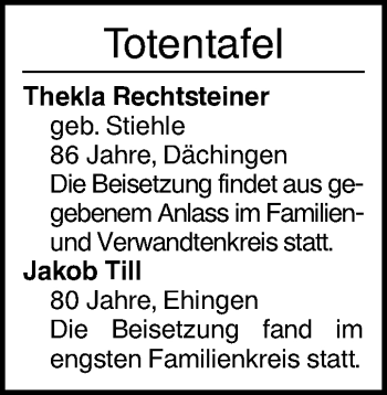 Traueranzeige von Totentafel vom 25.06.2020 von Ehinger Tagblatt