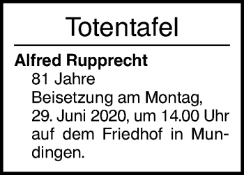 Traueranzeige von Totentafel vom 26.06.2020 von Ehinger Tagblatt