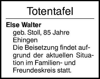 Traueranzeige von Totentafel vom 27.06.2020 von Ehinger Tagblatt