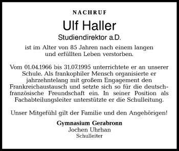 Traueranzeige von Ulf Haller von Hohenloher Tagblatt