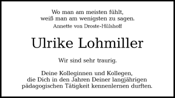 Traueranzeige von Ulrike Lohmiller von SÜDWEST PRESSE Ausgabe Ulm/Neu-Ulm