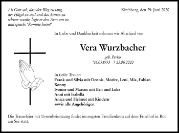 Traueranzeige von Vera Wurzbacher von Hohenloher Tagblatt