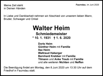 Traueranzeige von Walter Heim von NWZ Neue Württembergische Zeitung