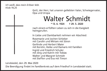 Traueranzeige von Walter Schmidt von Hohenloher Tagblatt