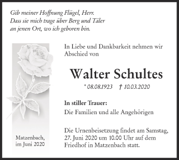 Traueranzeige von Walter Schultes von Hohenloher Tagblatt