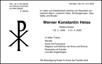 Traueranzeige von Werner Konstantin Heiss von Hohenzollerische Zeitung