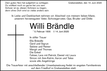 Traueranzeige von Willi Brändle von Alb-Bote/Metzinger-Uracher Volksblatt