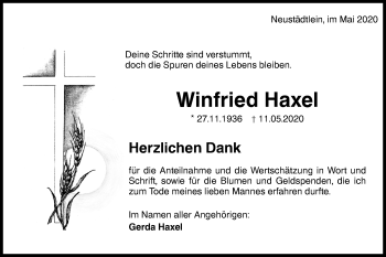 Traueranzeige von Winfried Haxel von Hohenloher Tagblatt