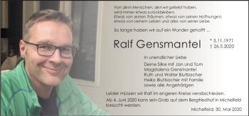 Traueranzeige von Ralf Gensmantel von Haller Tagblatt