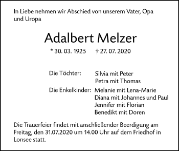Traueranzeige von Adalbert Melzer von SÜDWEST PRESSE Ausgabe Ulm/Neu-Ulm