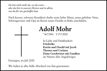 Traueranzeige von Adolf Mohr von SÜDWEST PRESSE Ausgabe Ulm/Neu-Ulm