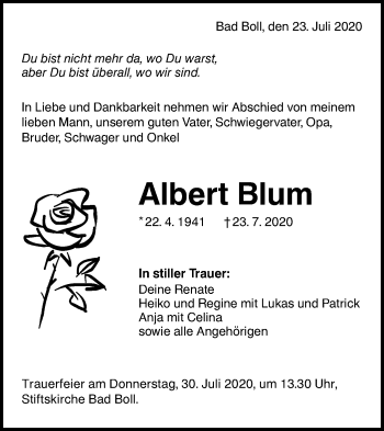 Traueranzeige von Albert Blum von NWZ Neue Württembergische Zeitung