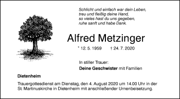 Traueranzeige von Alfred Metzinger von Illertal Bote